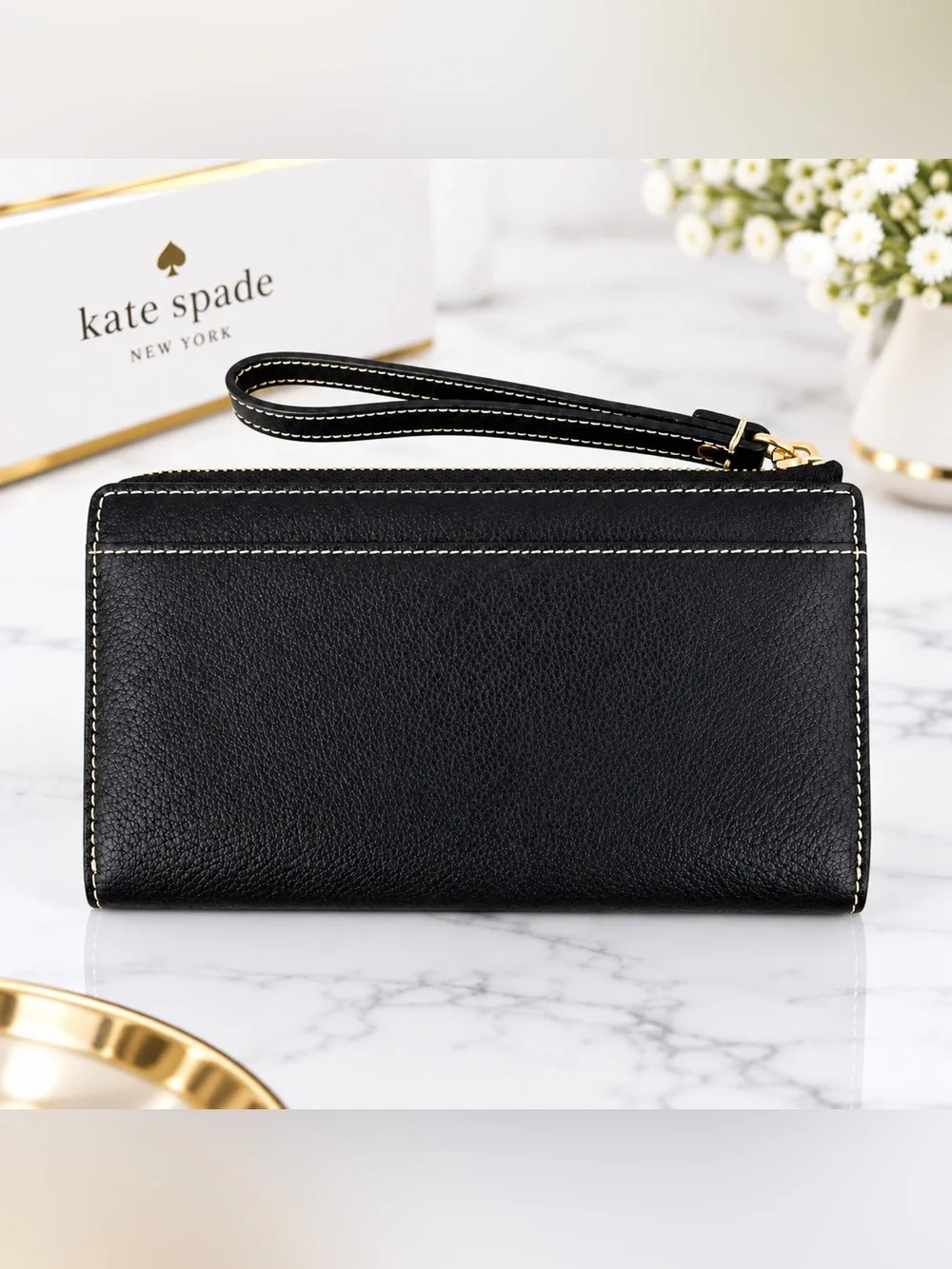 Kate Spade New York Black Pebble Grade Leather Wristlet Zippy Wallet